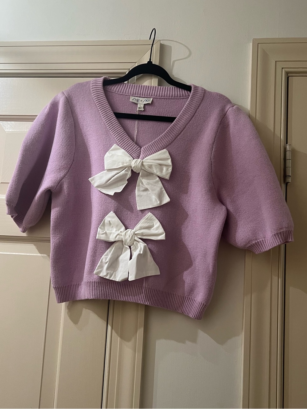 She + Sky Lilac Knit Top with White Bow Details